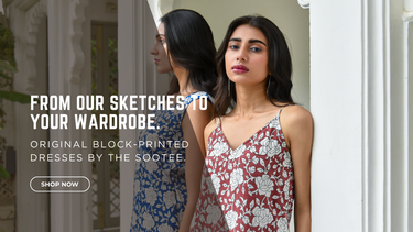 Woman wearing a floral dress with text about block-printed dresses by The Soothee.