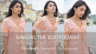 Woman wearing an orange and white patterned dress with text overlay on a blurred outdoor background