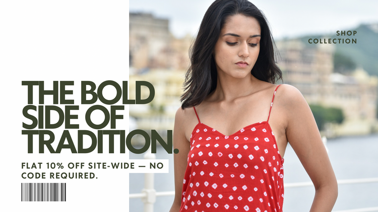 Woman in a red polka dot dress with promotional text on a magazine cover.